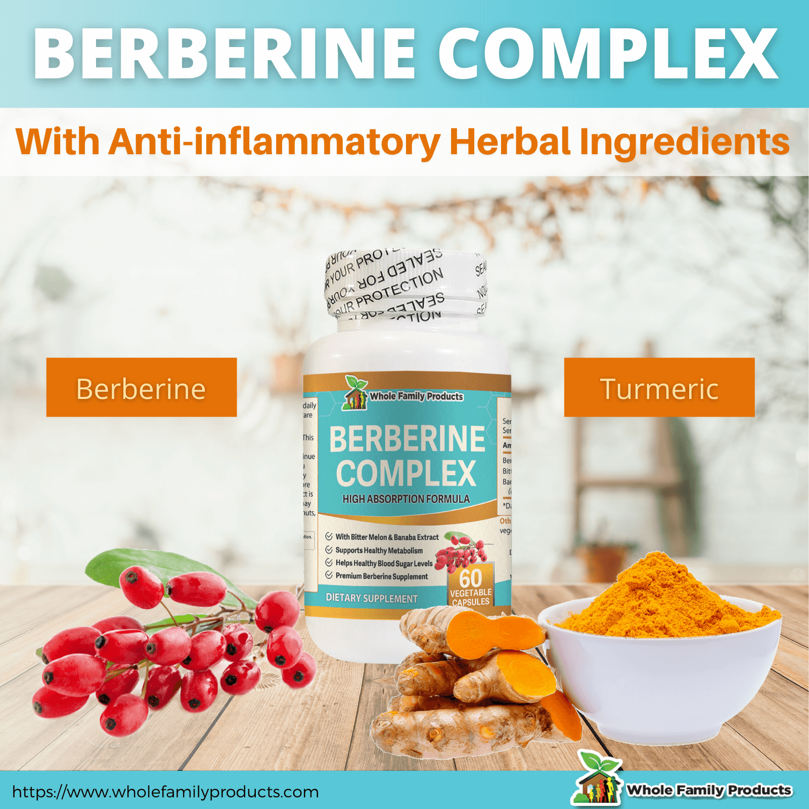 Berberine Complex 60 Capsules with Anti Inflammatory Herbal Ingredients Infographic