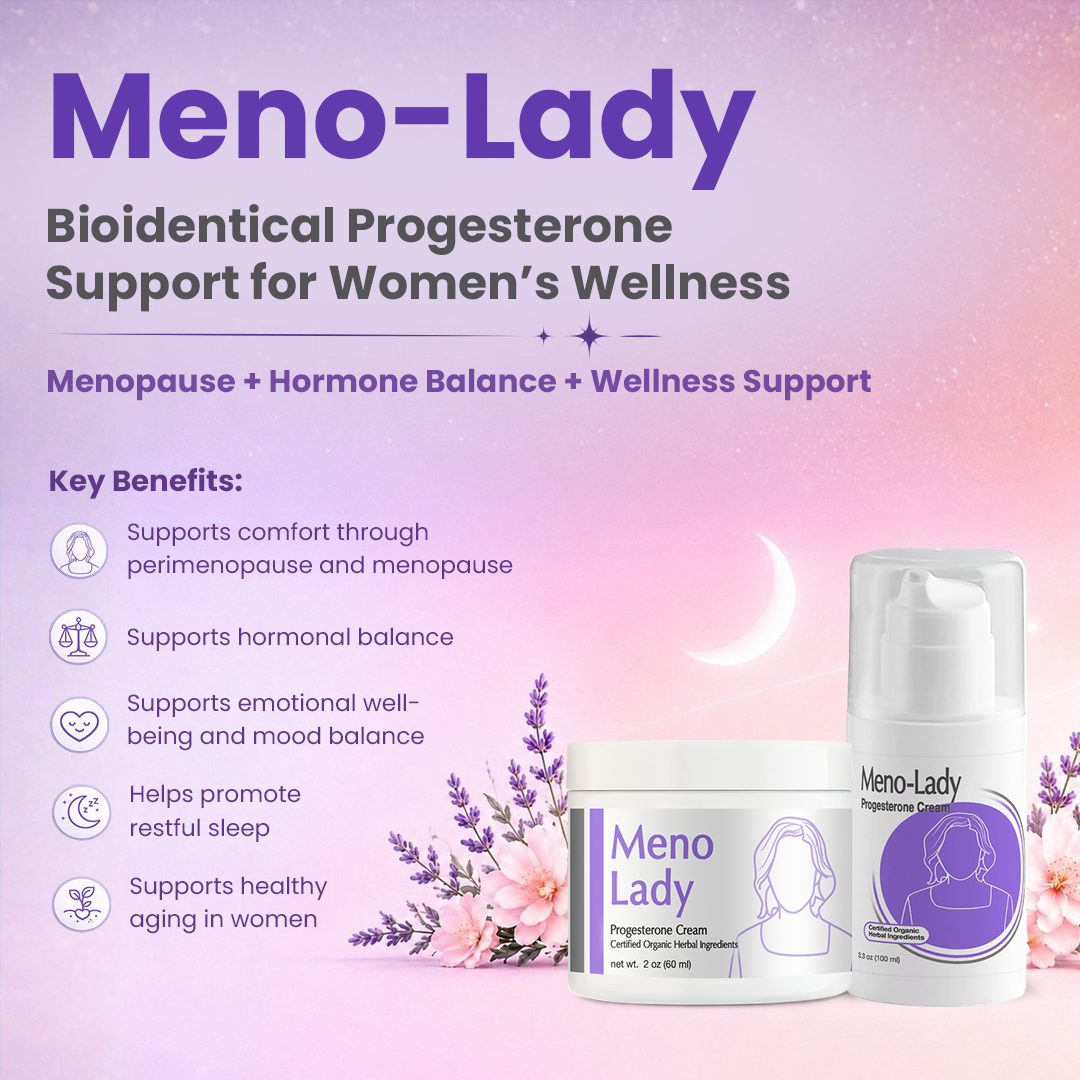 Meno-Lady Progesterone Cream jar and pump bottle displayed with key benefits for menopause, sleep, and hormone balance.